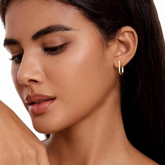 14K Gold Plated 925 Sterling Silver Square Hoop Earrings Hypoallergenic Medium - Picture 5 of 8